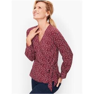 Talbots Maroon Curly Roses Floral Wrap Blouse Poet Sleeve Office Womens Plus 2x